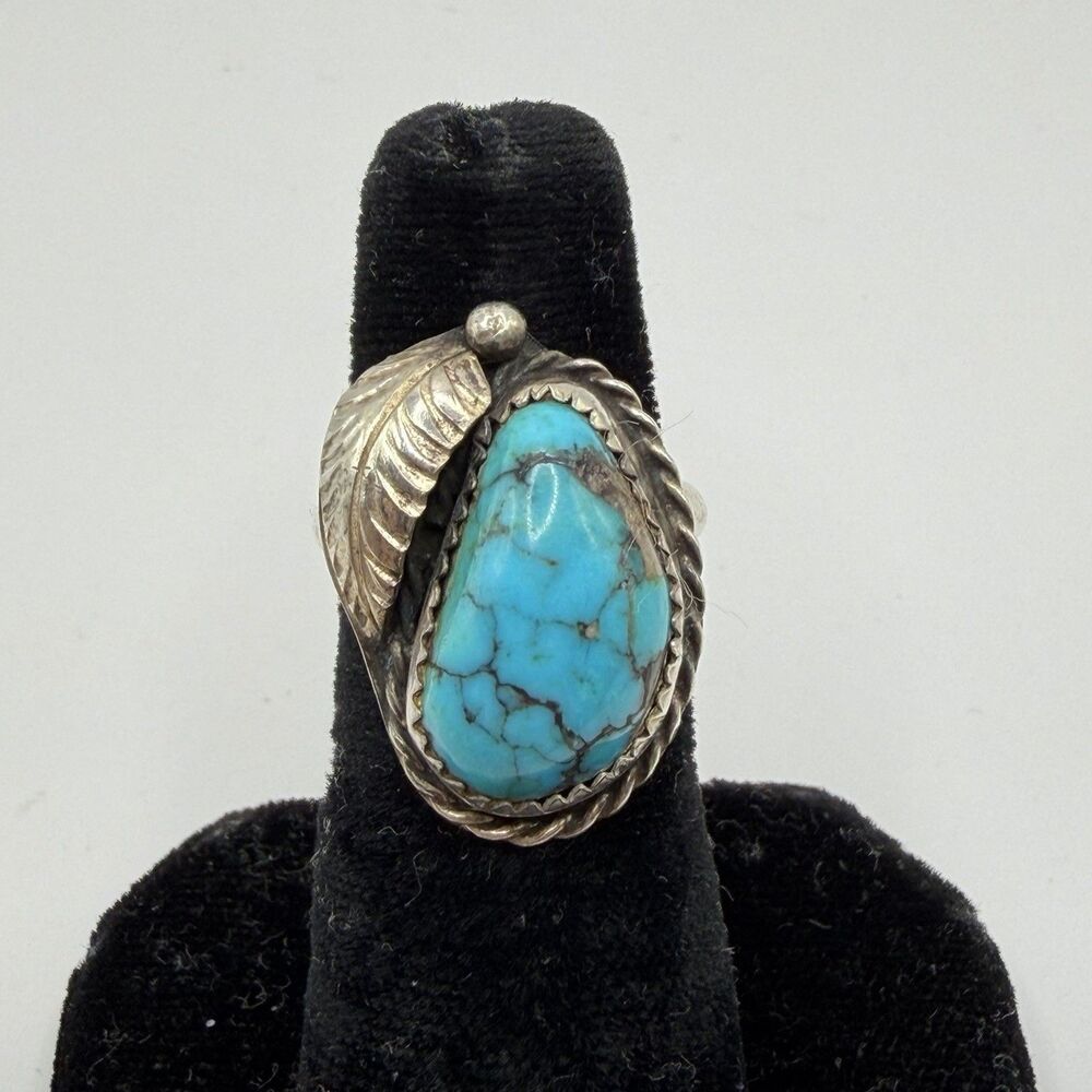 925 Sterling Silver Turquoise Leaf Statement Ring Size 5 6.9g Southwestern